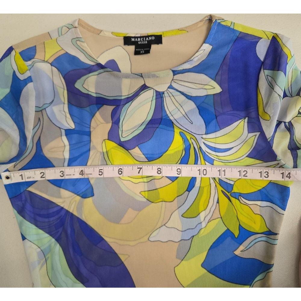 Marciano Guess‎ Womens Anouk Mesh Top XS Yellow Blue Floral Sheer Sexy Baby Tee - Picture 4 of 10